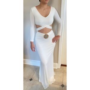 knee length dresses for ladies Feathered-Sleeve One-Shoulder Long Sequin Formal Dress Off-White / 0 main image 1
